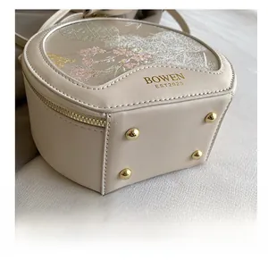 Detail showing embroidered flower pattern and metal studs on the beige round bag