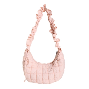 Pink quilted half-moon dumpling bag with ruffled shoulder strap for women