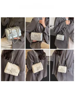Quilted chain shoulder bag showing three sizes in silver and off-white colors