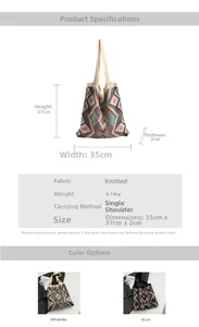 Detail shot of bohemian knit tote bag showing dimensions 35x37cm and fabric texture