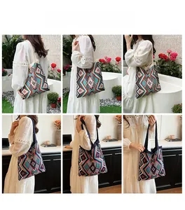Detail of bohemian knitted tote bag featuring colorful geometric patterns and large capacity
