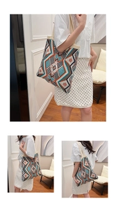 Detailed knit texture of bohemian tote bag featuring colorful geometric patterns