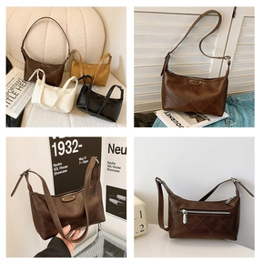 Detail view of stylish quilted PU leather dumpling bags showing back zipper pocket and straps