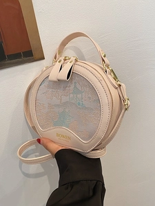 Women Round Crossbody Bag Vintage Chinese Style PU Leather Embroidery Floral Butterfly Elegant Top Handle Shoulder Bag