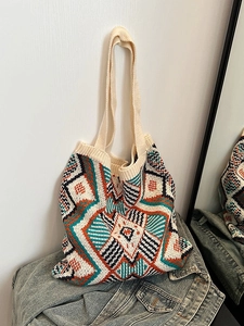 Vintage Bohemian Knitted Tote Bag Ethnic Geometric Pattern Large Capacity Women Casual Shoulder Bag Underarm Bag