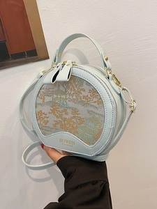 Light blue round crossbody bag with exquisite traditional Chinese garden style embroidery