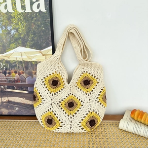 Sac Fourre-Tout Femme au Crochet Fait Main Tournesol Bohème Été Plage Sac à Épaule Grande Capacité Tricoté Décontracté