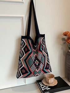 Retro knit tote bag featuring a vibrant geometric diamond pattern in a vintage boho style