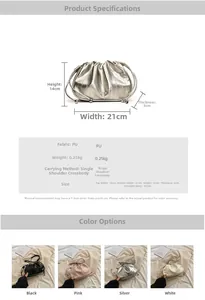 Detailed size specifications and color options for the pleated cloud shoulder bag