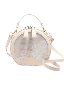 Elegant off-white round crossbody bag with pink floral embroidery and gold-tone hardware