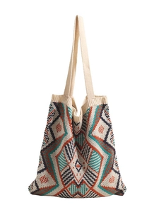 Bohemian knit tote bag with geometric ethnic pattern and long shoulder straps