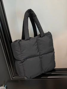 Large capacity black quilted puffer tote bag for women with stylish crossbody strap