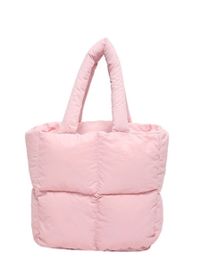 Pink quilted puffer tote bag with a soft padded texture for women's stylish daily commuting