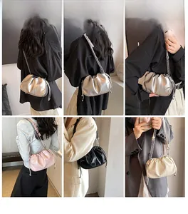 Collage of chic ruched cloud bags in silver, pink, black, and white with chain straps