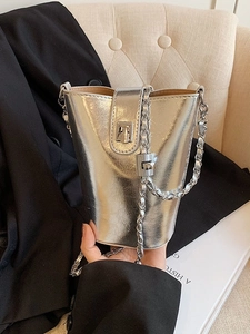 Sac Seau en Cuir PU Minimaliste pour Femmes Sac à Bandoulière Brillant Métallisé Avec Bandoulière Chaîne en Métal Sac à Épaule Élégant