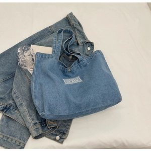 Blue denim tote bag with Street Glane white embroidery and stylish wide shoulder straps