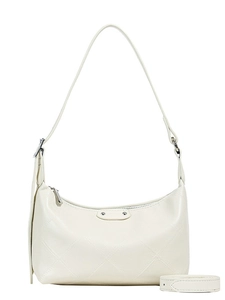 Minimalist cream white dumpling bag with quilted leather texture and silver hardware