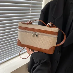 Sac Bandoulière en Toile Rétro Couleur Contrastée pour Femmes Mode PU Cuir Splicing Petit Sac Boîte Sac à Main