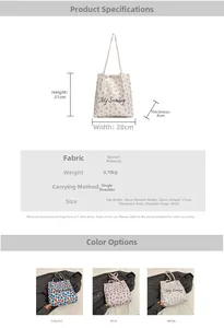 Floral canvas tote bag size and specifications chart showing dimensions and colors