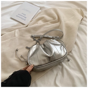 Silver metallic pleated dumpling bag with chain strap and AINIER logo on soft fabric