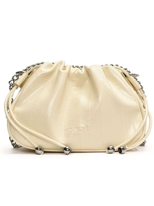 Chic beige pleated cloud bag for women with silver chain strap and AINIER logo details