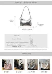 Detail view of silver PU underarm bag showing dimensions and different color options