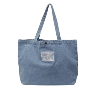 Light blue denim tote bag with 7STREET embroidery and magnetic closure for daily use