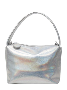 Metallic silver pleated handbag for women with minimalist trapezoid design and top handle