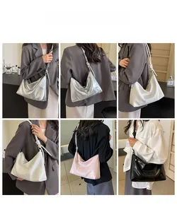 Collage of chic pleated underarm bags in silver, white, pink, and black colors