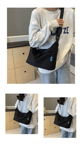 Detailed views of a minimalist black nylon dumpling bag with adjustable shoulder strap