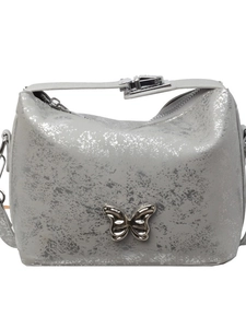 Silver bucket bag with metallic texture and butterfly buckle on a white background