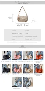 Detailed size specifications of half-moon canvas crossbody bag with 34cm width measurement