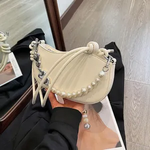 Women Small Hobo Underarm Bag Artificial Pearl Decoration Metal Heart Charm PU Leather Fashion Shoulder Crossbody Bag For Commuting Party