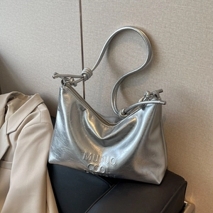 Chic silver metallic pleated shoulder bag with embossed letters and sleek knotted strap
