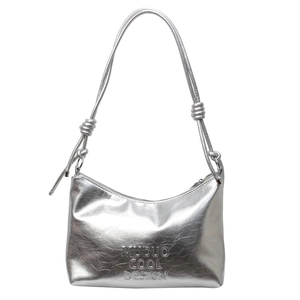 Metallic silver crinkled underarm bag with knot strap and embossed logo detail