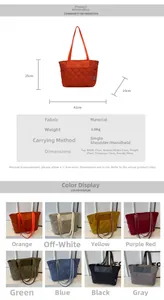 Detailed size specifications and 8-color options for the quilted rhombic tote bag