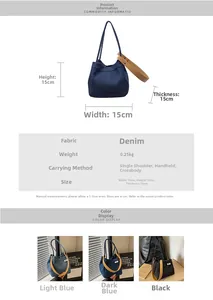 Detailed size chart and color options for the cube denim handbag with dimensions