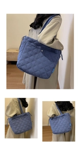 Détails du sac fourre-tout matelassé bleu foncé avec motif en losange et texture en nylon