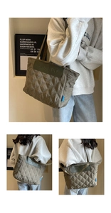 Macro shot of olive green quilted tote bag with diamond stitching and leather logo detail