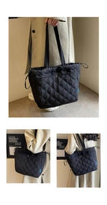 Détails du sac fourre-tout noir matelassé avec cordon de serrage et motif à losanges