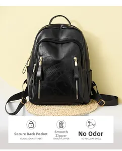 Detail view of anti-theft back pocket and smooth metal zippers on black PU leather backpack