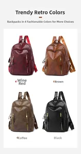 Detailed view of four retro faux leather backpacks in burgundy, brown, coffee, and black colors