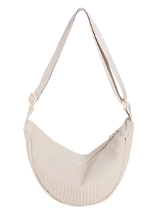 Minimalist white corduroy dumpling crossbody bag with adjustable strap and crescent shape