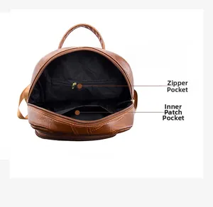 Detail view of brown backpack interior with zipper pocket and lining structure