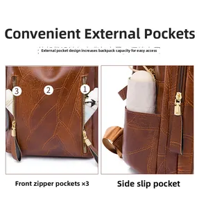 Detail of brown vintage backpack featuring three front zipper pockets and side pockets