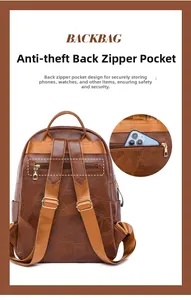 Brown litchi grain PU backpack featuring a secure back anti-theft zipper pocket