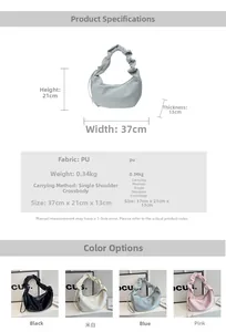 Detailed size chart and multi-color showcase of soft PU leather pleated dumpling bag