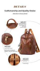 Detail view of brown leather backpack featuring smooth gold zippers and adjustable straps