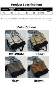 Detailed size guide and measurement chart for this large canvas tote shoulder bag