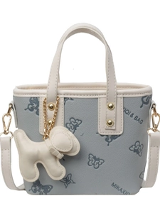 Summer grey chic bucket bag with white trim and cute dog charm for women
